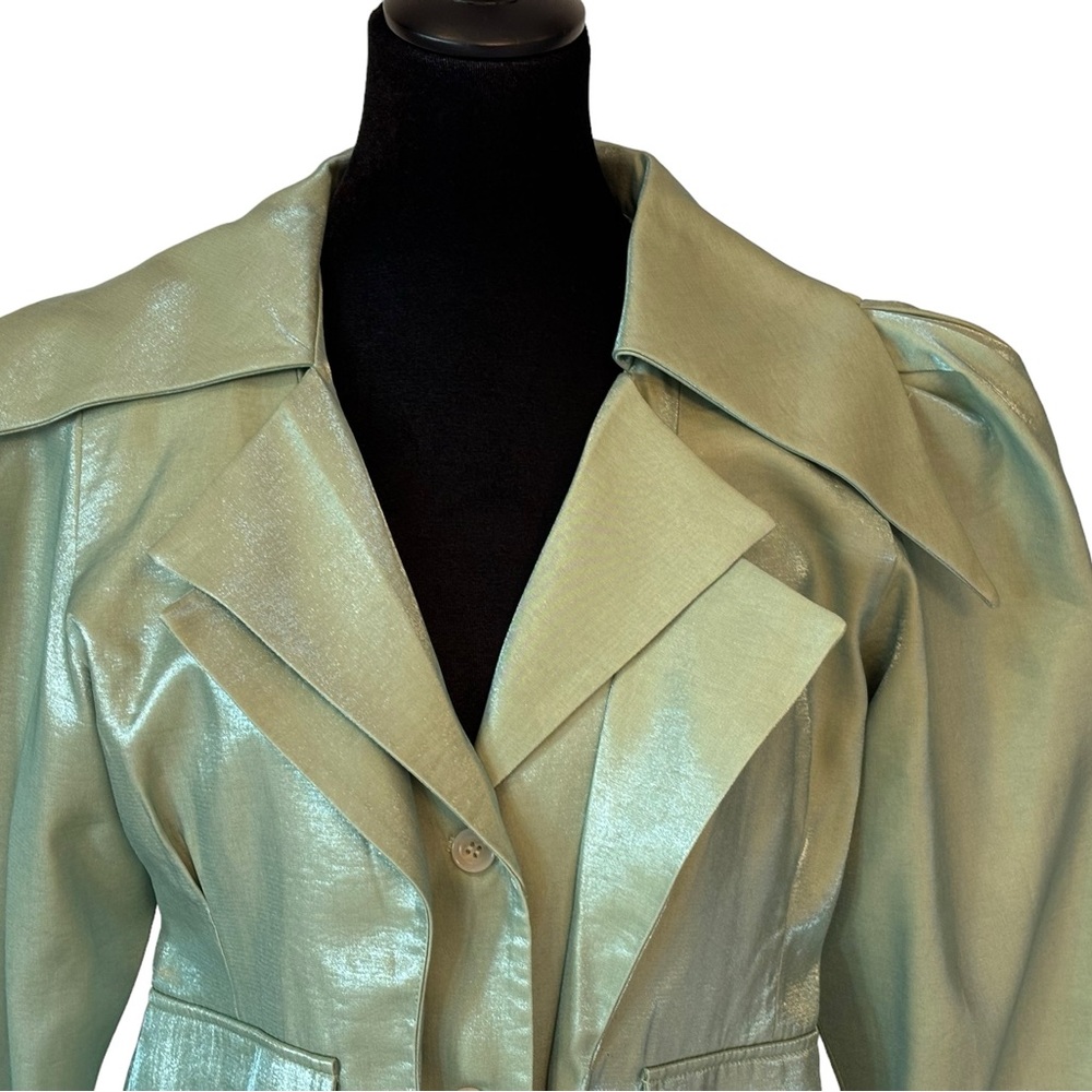 Green Metallic Sheen Belted Jacket - Picture 10 of 15